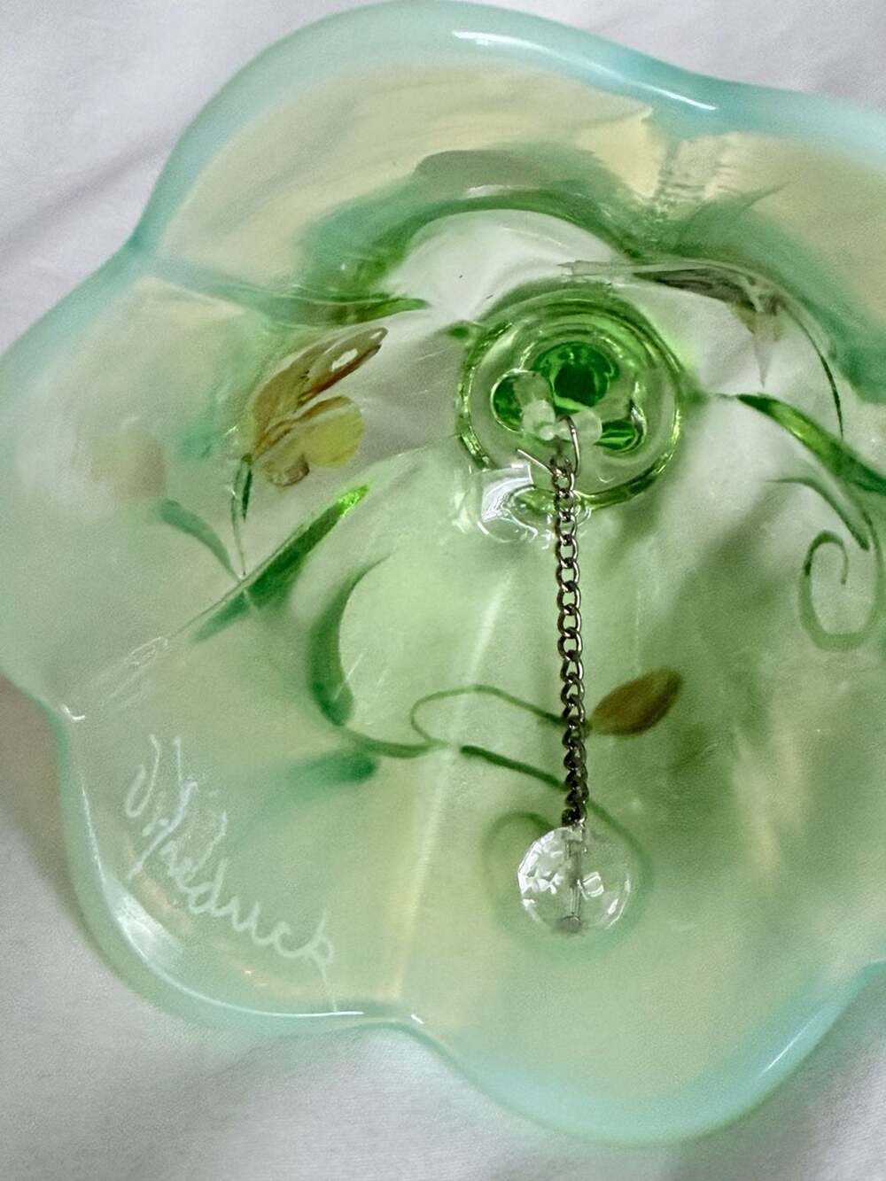 Uranium Fenton Hand Painted Light Green Floral Art Glass Bell - Picture 10 of 15